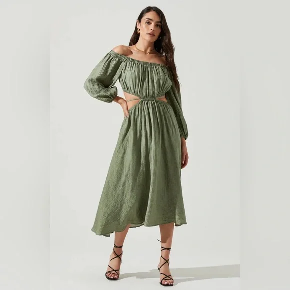 Cassian Off Shoulder Cutout Tie Waist Midi Dress, Sage / L by Astr The Label